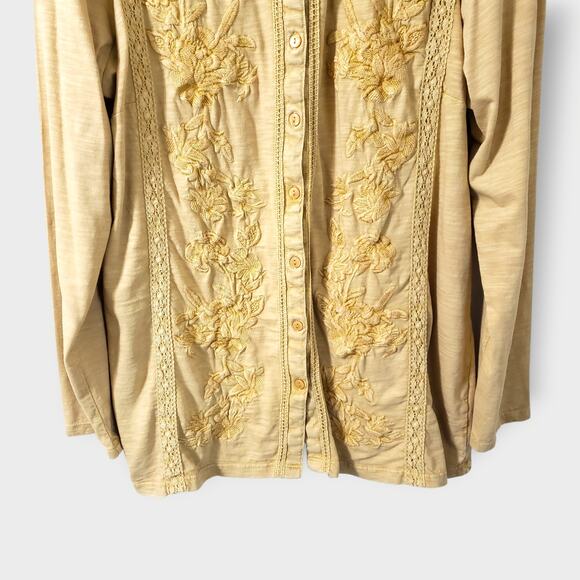 NWOT Coldwater Creek Yellow Mineral Wash Floral Embroidered Button Up Top Sz Lg - Picture 3 of 14
